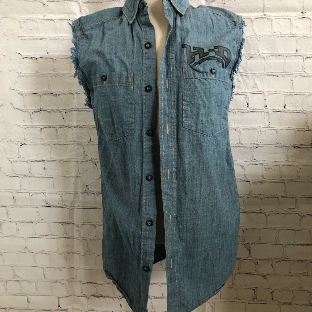 HARLEY DAVIDSON Men's Denim Blue Jean Sleeveless Shirt S